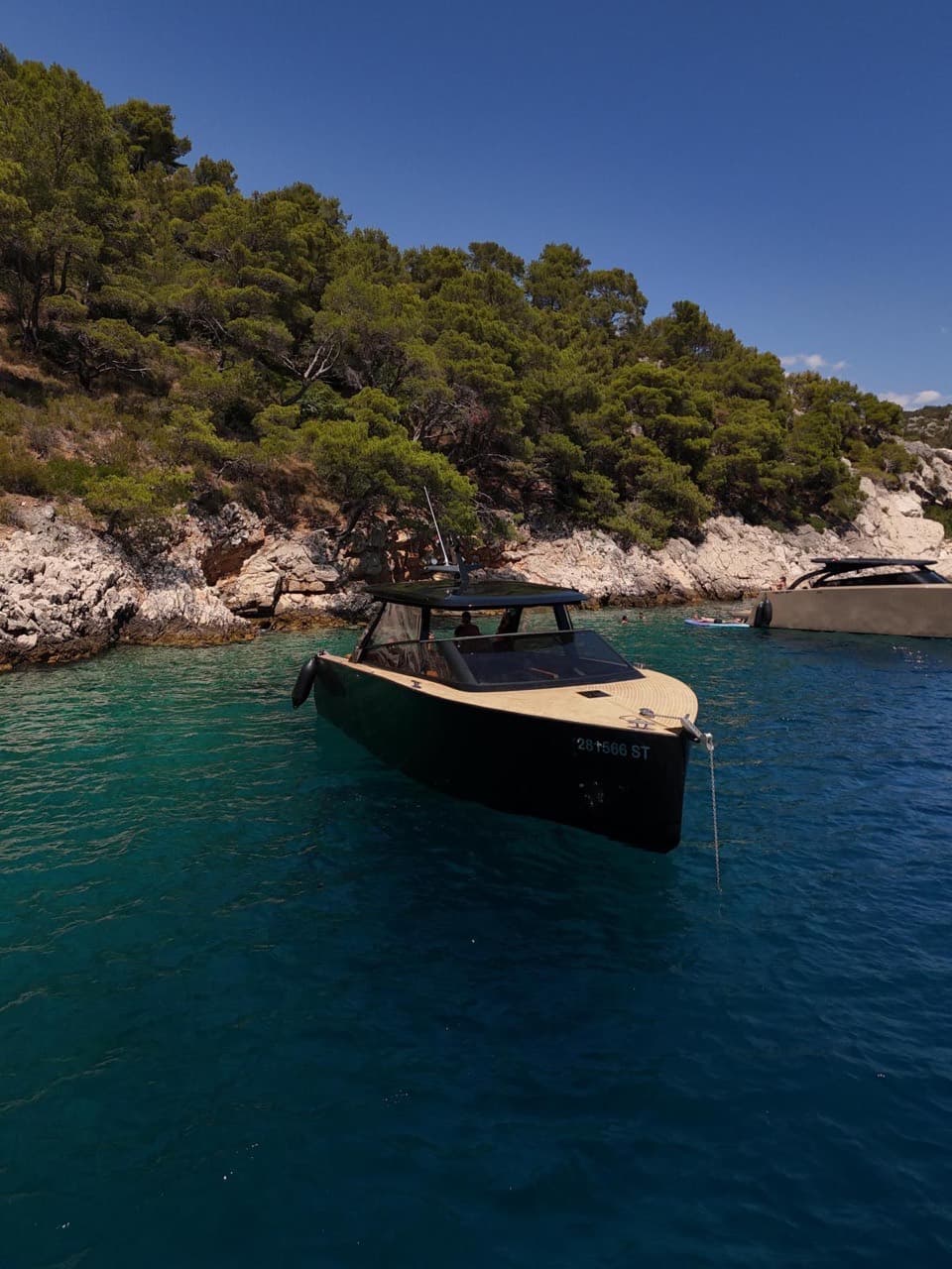 Colnago 35 anchored in a quiet bay ringed by Dalmatian pines