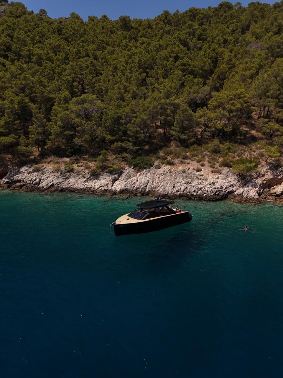 The Colnago 35 at rest in a pine-fringed Split-islands cove