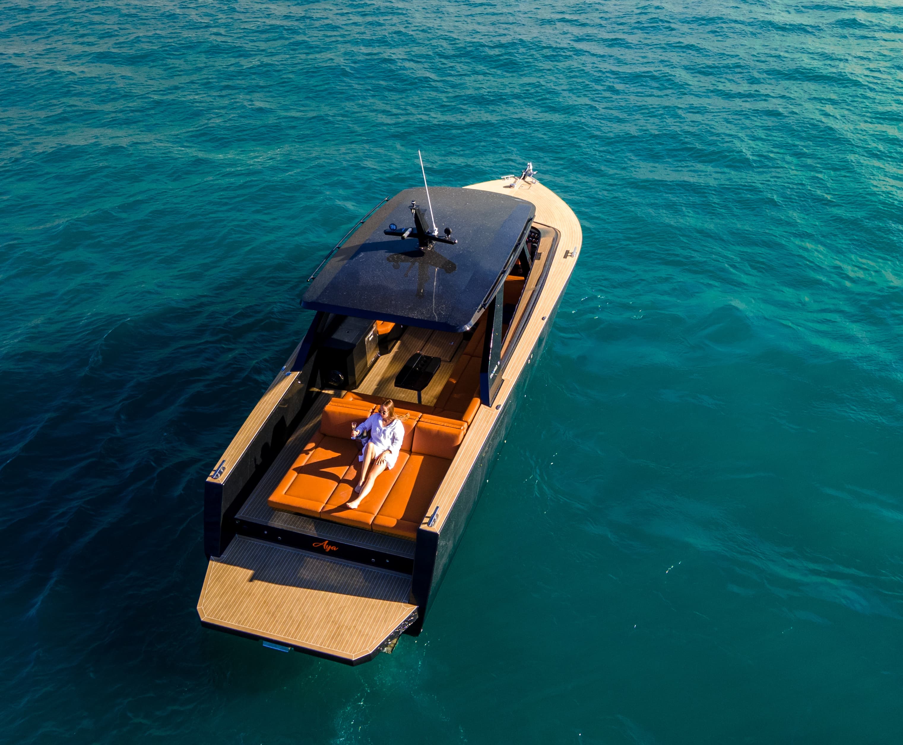 The Colnago 35 anchored in clear Adriatic water among the Split islands, seen from above