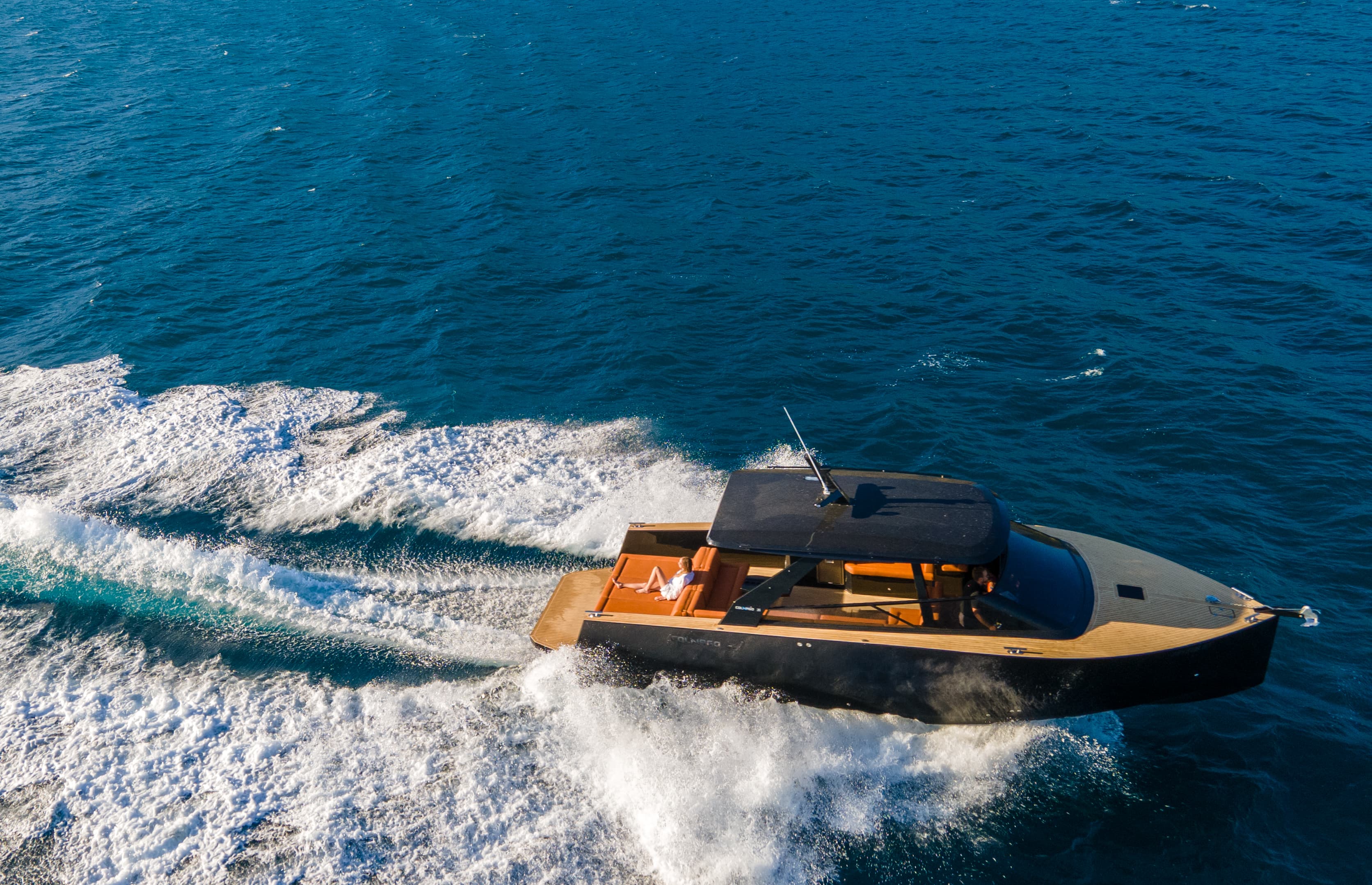 Colnago 35 crossing the Brač Channel heading towards the island on a clear summer morning