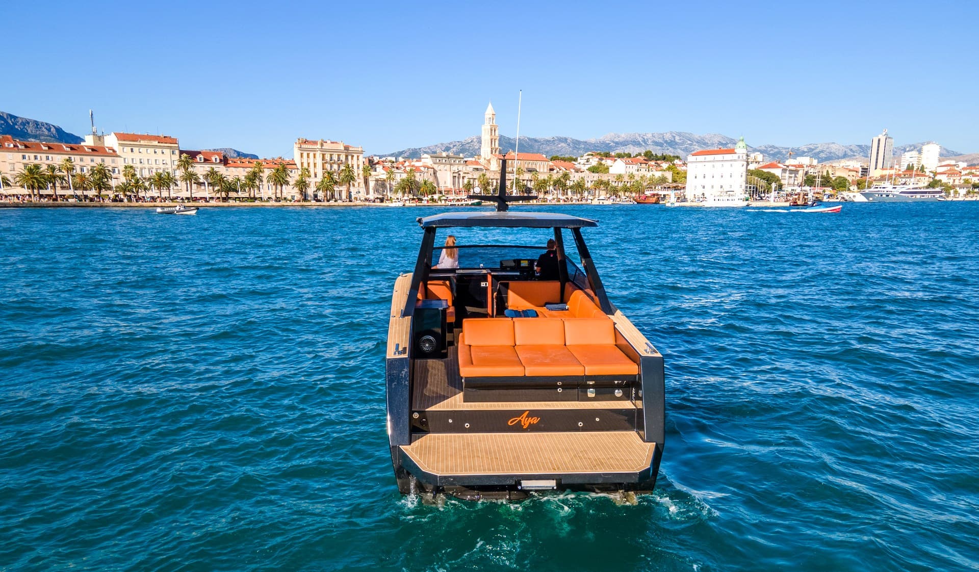 Colnago 35 leaving the Riva in Split with the cathedral bell tower behind